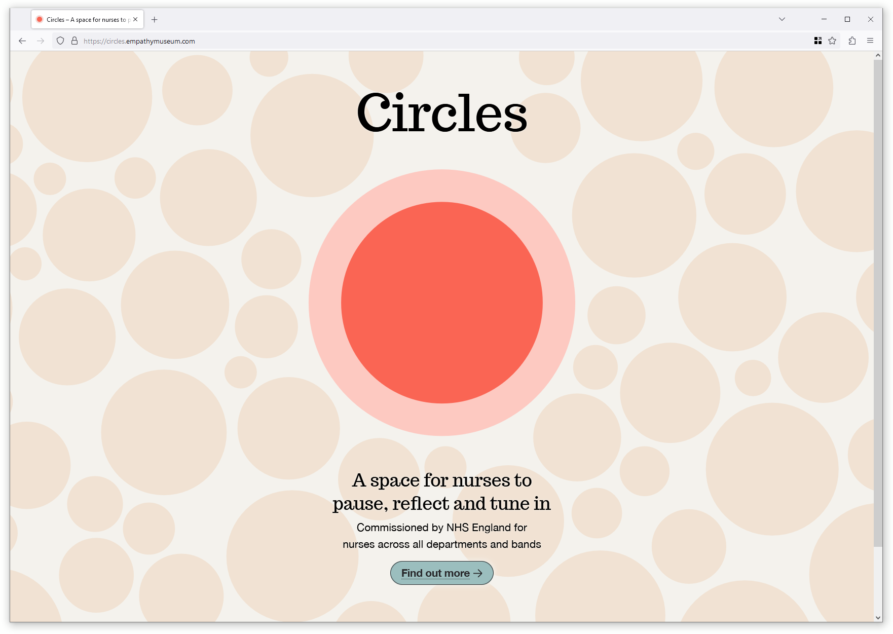 Browser screenshot showing website in soft pastel colours, large headline reads 'Circles', subtitle reads 'A space for nurses to pause, reflect and tune in' 